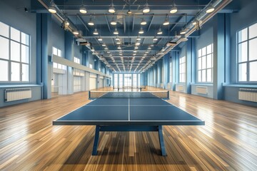 Aufkleber - A ping pong table sits alone in a vacant room, perfect for setting the scene for a sports-themed event or commercial
