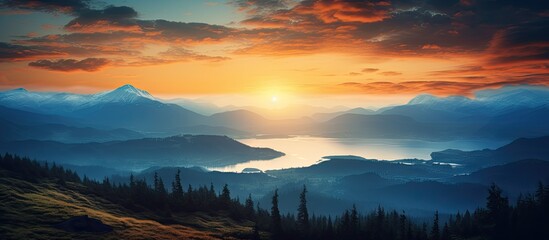 Poster - Morning sunrise with a beautiful view and copy space image.