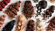 © Mehran - A variety of long and curly wigs arranged on a white surface.
