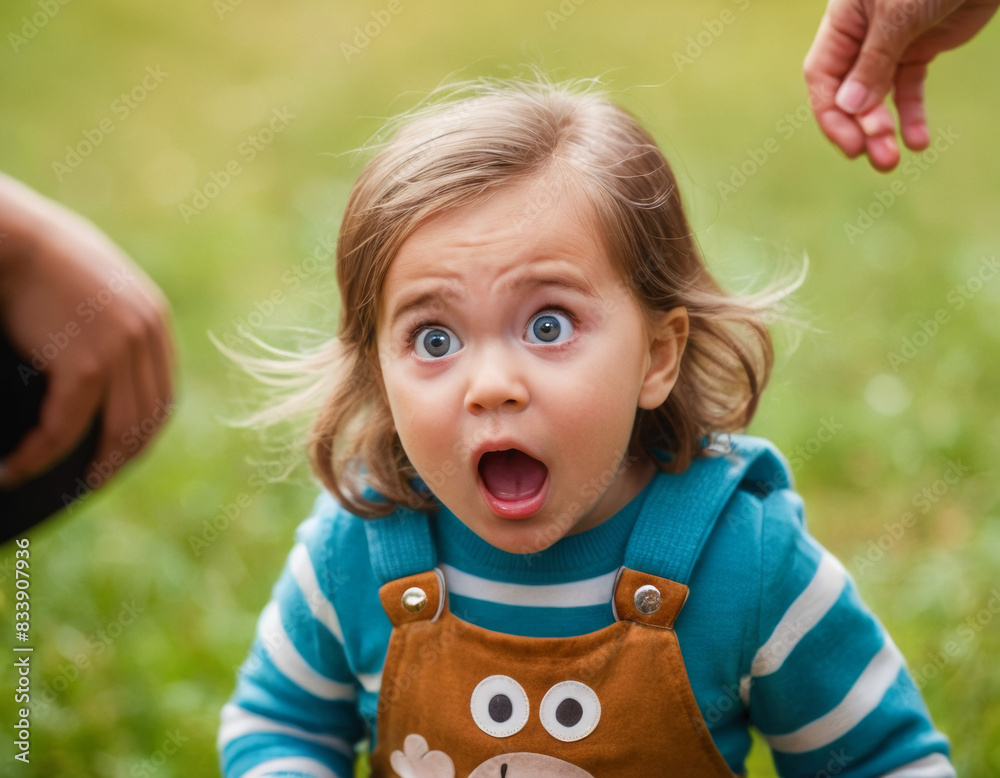 Scared emotional toddler child. Little girl Shocked and amazed with big ...