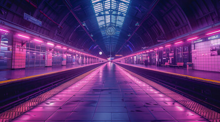 Poster - Train station, lavender colors, purple filter. Generative AI.