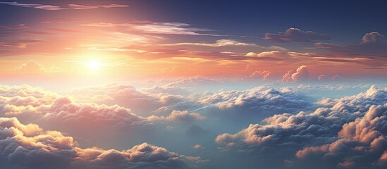 Poster - A scenic view of clouds over a serene landscape with a mystical sunset background, perfect for a copy space image.