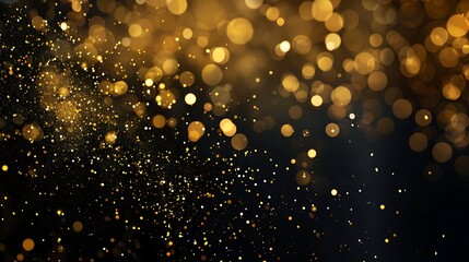 Wall Mural - A shimmering abstract bokeh background with golden particles on a dark backdrop symbolizes festivity and elegance 