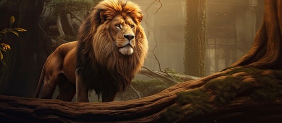 Poster - The majestic lion, known as the king of the jungle, roams proudly in its natural habitat with a striking presence in the wild. with copy space image. Place for adding text or design