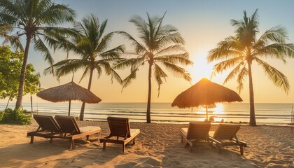 Wall Mural - fantastic panoramic view sandy shore soft sunrise sunlight over chairs umbrella and palm trees tropical island beach landscape exotic coast summer vacation holiday relaxing sunrise leisure resort