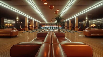 Poster - A modern bowling alley with multiple lanes and comfortable seating areas