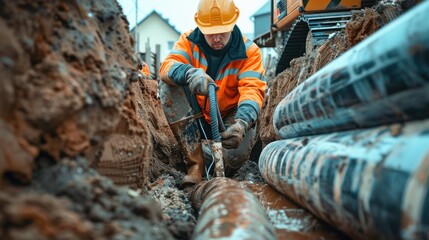 Poster - A person in an orange jacket is fixing a pipe