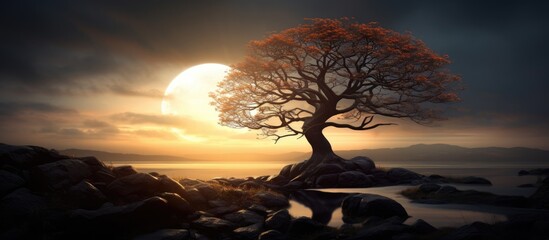 Fototapete - The tranquil evening scene with the sun casting a warm glow on the gray sky, creating a captivating silhouette of a tree in the backdrop. with copy space image. Place for adding text or design