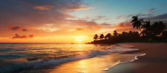 Poster - A tropical beach and blue sea at sunset provide a summer vacation copy space image.