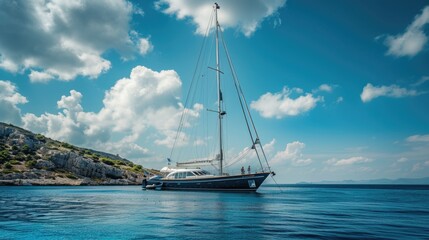 Wall Mural - A sailboat sailing in the middle of the ocean, calm waters and clear blue sky