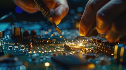 Poster - Close-up image of a person working on a circuit board with various electronic components and tools