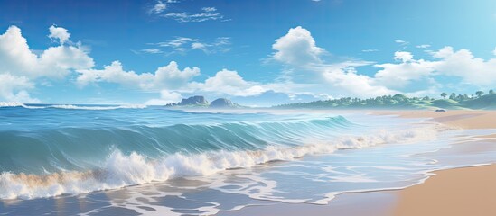 Wall Mural - Beautiful sandy beach with waves crashing against the shore, perfect for a peaceful stroll or relaxation; ideal for a calming seaside getaway. with copy space image. Place for adding text or design