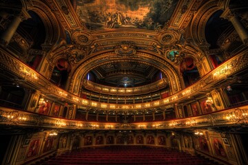 Aufkleber - A shot of the inside of a large theater with red seats and chandeliers