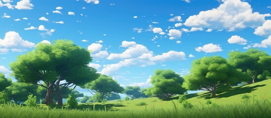 Poster - Lush green trees with a clear blue sky in the background, featuring trees set against a cloudless sky. with copy space image. Place for adding text or design