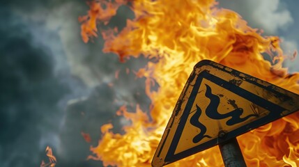 Aufkleber - A bright yellow warning sign perched atop a roaring flame, emphasizing the importance of caution and awareness in emergency situations