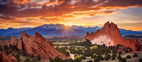 Poster - Sunrise at the Garden of the Gods creates a breathtaking view, ideal for a picturesque copy space image.