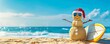 © BackgroundHolic - Smiling Santa sandy snowman in red santa hat and stylish sunglasses smiling on the sea beach with copy space, concept of winter holiday, Merry Christmas, happy summer time.