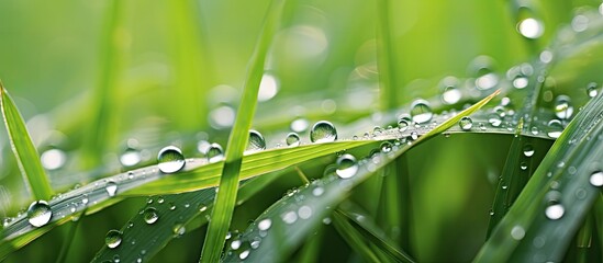 Aufkleber - Macro photo of water drops on grass with copy space image.