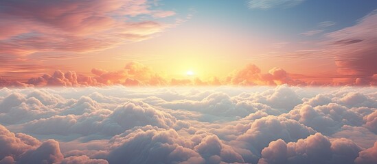 Sticker - A scenic view of clouds over a serene landscape with a mystical sunset background, perfect for a copy space image.