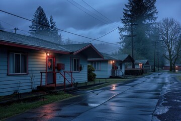 Wall Mural - A rainy city scene with wet pavement, houses and streetlights shining through the mist