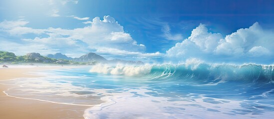 Aufkleber - Beautiful sandy beach with waves crashing against the shore, perfect for a peaceful stroll or relaxation; ideal for a calming seaside getaway. with copy space image. Place for adding text or design