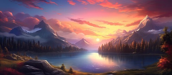 Aufkleber - Sunset with a beautiful landscape and vibrant colors, providing a stunning copy space image.
