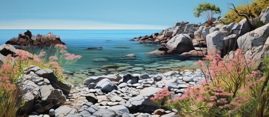 Poster - Vibrant plant life and rocky terrain adorn the bay, creating a picturesque copy space image.