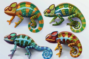 Poster - Close-up of four colorful chameleons sitting on a white surface