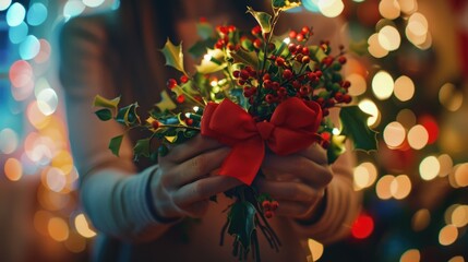 Poster - A person holds a colorful flower bouquet with a red ribbon, suitable for various occasions
