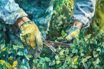 Poster - A person trimming a shrub with a pair of scissors, possibly for gardening or landscaping