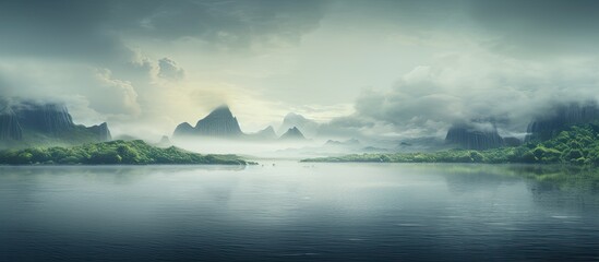 Poster - A serene landscape with a rainy sky, an island, a mountain, and a body of water like a lake, reservoir, or sea in the background, ideal for a nature-themed copy space image.