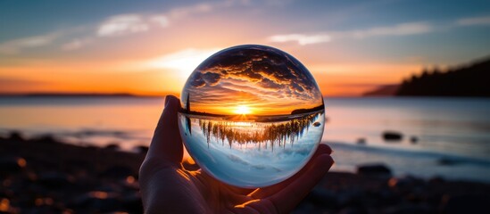 Poster - Hand holding a crystal lens ball bearing reflection of the beach, sea, and sunset in the background, with copy space image.