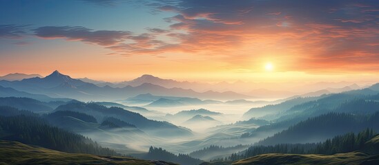 Poster - Morning sunrise with a beautiful view and copy space image.