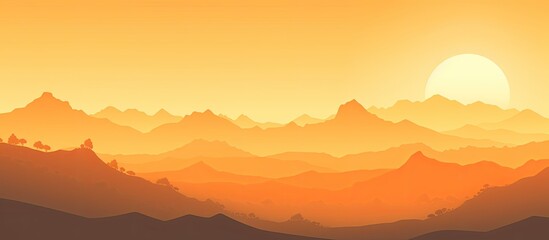 Poster - Vibrant nature background with gradient orange and yellow sunset over silhouetted mountains. Ideal for adding text with a copy space image.
