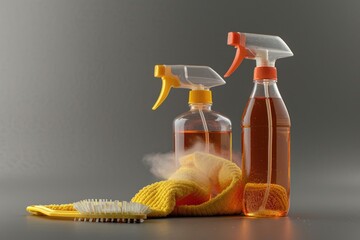 Leinwandbilder - A bottle of liquid, a brush, and a yellow glove on a table