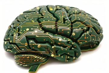 Sticker - High-tech green circuit brain illustration with intricate electronic patterns, depicting the fusion of technology and neuroscience in a futuristic setting.