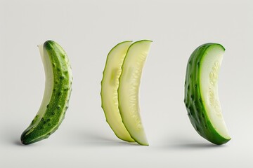 Poster - Fresh cucumbers sliced into halves on a clean white surface, ideal for salads or garnishes