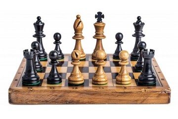 Poster - A wooden chess board with various chess pieces placed on it, ready for play