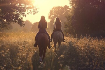 Poster - Two women ride horses through a field of tall grass, a peaceful scene with nature