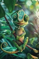 Poster - A chameleon lizard perched on a tree branch, its scales blending with the surroundings