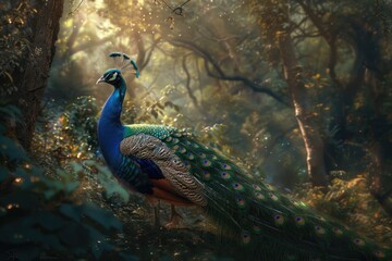 Canvas Print - A majestic peacock stands in the middle of a serene forest, surrounded by lush greenery and tall trees