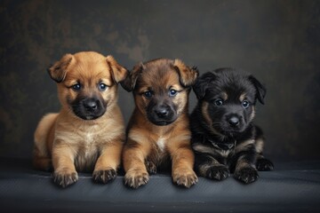 Poster - Three small dogs sitting side by side, looking up at something