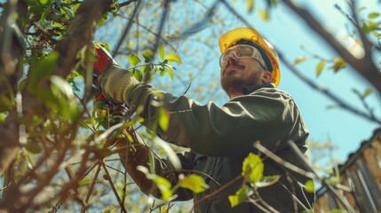 a person wearing a hard hat carefully trims a tree branch