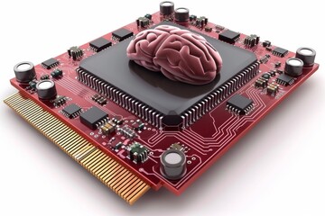 Poster - Small brain on a red circuit board, representing the miniaturization and integration of advanced technology in neuroscience.