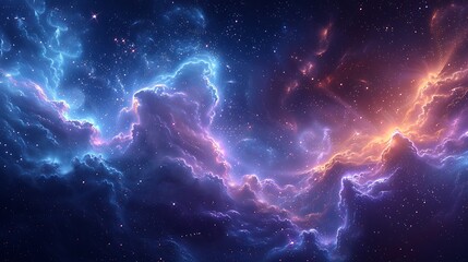 Wall Mural - An abstract portrayal of a cosmic dance, twinkling stars dotting a nebula, rich blues blending with deep purples, ethereal light creating a mystical atmosphere.