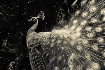 Poster - A close-up of a peacock's feathers in monochrome, highlighting their intricate patterns