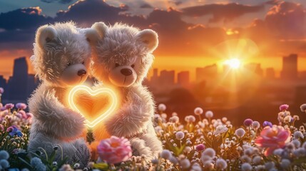 Wall Mural - wo fluffy white teddy bears in a field of flowers, sharing a glowing heart with a beautifully blurred sunset skyline creating a backdrop of romantic hues.