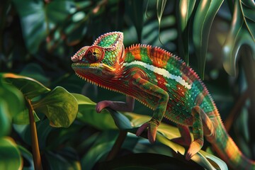 Poster - A colorful chameleon sits on top of a large leaf, blending in with its surroundings