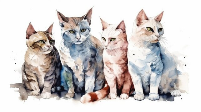 Whimsical Hand-Painted Cats on White Background for Design Generative AI