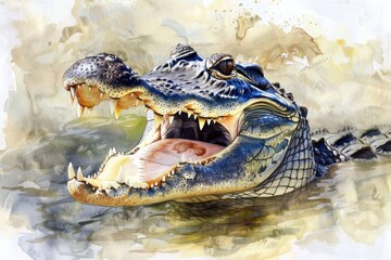 Poster - Watercolor illustration of an alligator with its mouth open, suitable for use in educational materials or as a decorative piece